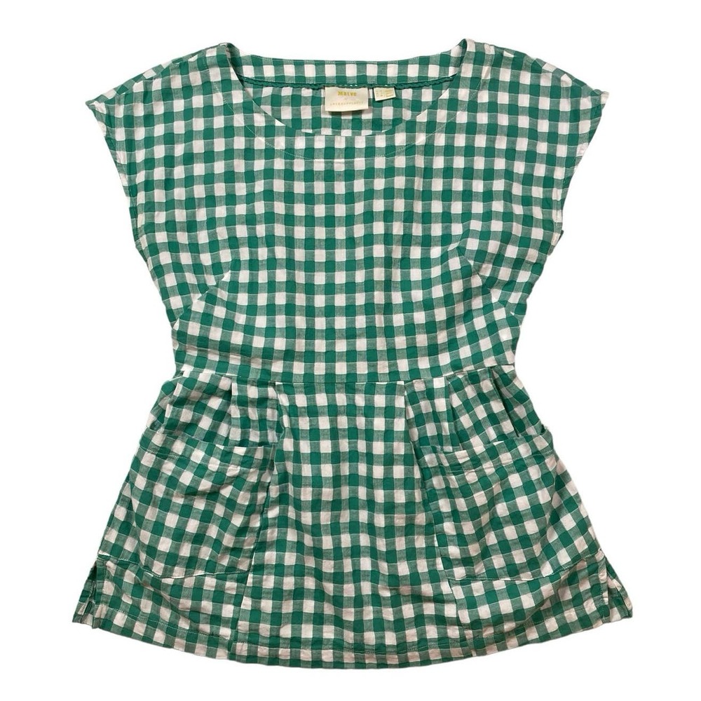 Maeve Anthropologie Gingham Plaid Tunic Cap Sleeve Top Green & White Size 10